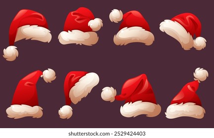 Santa Claus hats red with white fur of different shapes. Winter hat, Christmas headdress, Santa Claus vector cap. Santa suit for New Year. Vector set for Christmas and New Year designs.