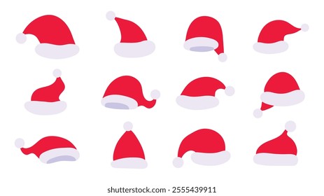 Santa Claus hats set isolated on white background. Vector illustration, simple trendy flat style. Christmas elements collection. 