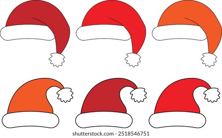 Santa Claus Hats set. Winter cap. Santa red hats with white fur. Vector Santa Claus hat collection. Vector illustration. Isolated Christmas holiday vector decoration.