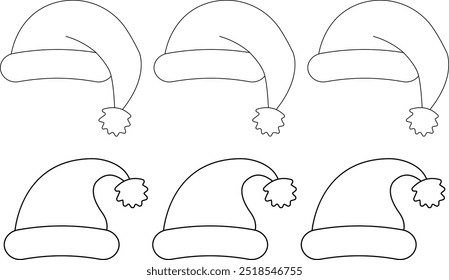 Santa Claus Hats set. Winter cap. Santa red hats with white fur. Vector Santa Claus hat collection. Vector illustration. Isolated Christmas holiday vector decoration.