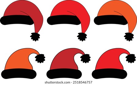 Santa Claus Hats set. Winter cap. Santa red hats with white fur. Vector Santa Claus hat collection. Vector illustration. Isolated Christmas holiday vector decoration.