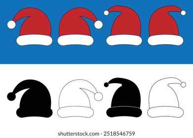 Santa Claus Hats set. Winter cap. Santa red hats with white fur. Vector Santa Claus hat collection. Vector illustration. Isolated Christmas holiday vector decoration.