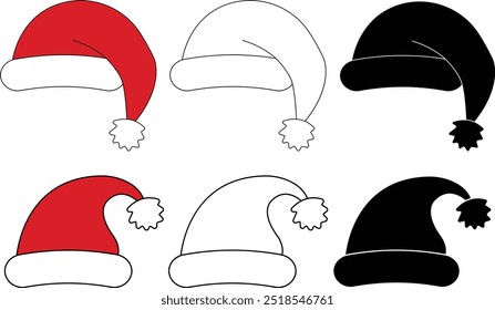 Santa Claus Hats set. Winter cap. Santa red hats with white fur. Vector Santa Claus hat collection. Vector illustration. Isolated Christmas holiday vector decoration.