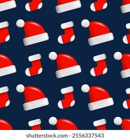 Santa Claus hats and socks on a dark blue background seamless pattern. Cute Christmas background with funny Santa caps and stockings in vibrant colors. Colorful cartoon style with 3d effect.