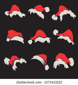 Santa Claus hats vector set on a black background. Cartoon style.