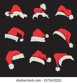 Santa Claus hats vector set on a black background. Cartoon style.