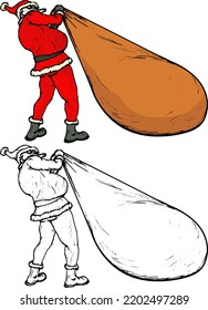 Santa Claus hauls an oversized gift sack, isolated against white. Hand drawn vector illustration.