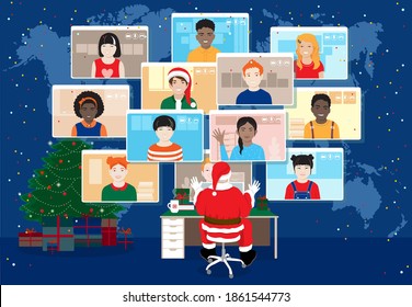 Santa Claus have online video meeting celebrating Christmas with kids all around the world. Diverse cheerful smiling children, boys, girls in computer screens at world map background. Vector banner