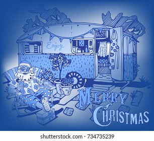 Santa Claus Have a Rest. Caravan Christmas. Happy New Year and Christmas Card Design. Holiday Theme.