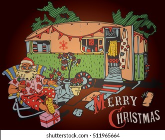 Santa Claus have a rest.Caravan Christmas. Happy New Year card design. Holiday Theme.