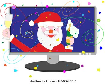 Santa Claus is having a Christmas party online to prevent corona virus infection.