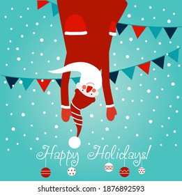 Santa Claus having fun. Cute Christmas and Happy Holidays vector illustration card