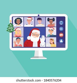 Santa Claus having video conference on computer with children at home. Vector