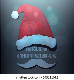 Santa Claus head attributes, elements on a blue background, vector illustration. Merry Christmas inscription inside.