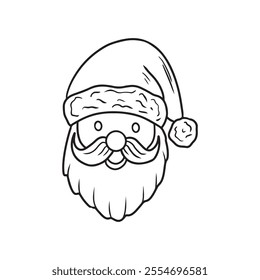 Santa Claus head with beard and moustache in hat smiling isolated on white background. Hand drawn vector sketch illustration in doodle engraved vintage line art style. Merry Christmas symbol