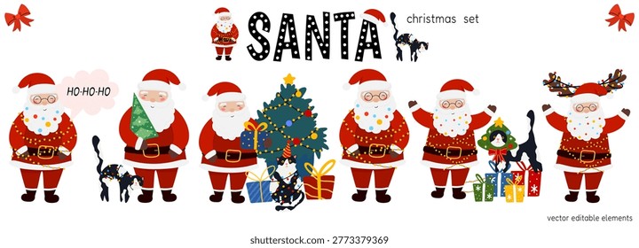 Santa claus head with cheerful expression and red costume. Festive christmas vector character kawaii collection set includes. Christmas tree snow and holiday elements in white.
