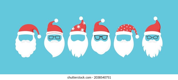 Santa Claus head, Christmas face vector icon, cute winter character with breard and hat. Holiday illustration on blue background