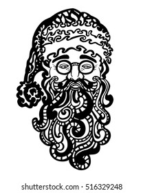 Santa Claus head. Christmas illustration. Vector hand-drawing for New Year 2017. The decorative style. Zentangl, doodle.