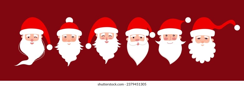 Der Weihnachtsmann hat einen flachen Satz. Weihnachtsset des Weihnachtsmannes mit Bart und Hüten.