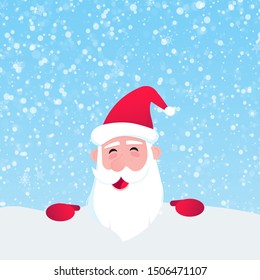 Santa Claus head with hat, beard and smiling face flat style character vector illustration. Christmas eve mascot symbol isolated on light blue snow background