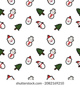 Santa Claus head with hat, Christmas tree, snowman seamless pattern background. Perfect for winter holiday fabric, giftwrap, scrapbook, greeting cards design projects.