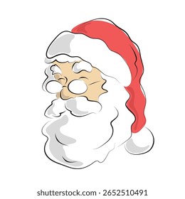 Weihnachtsmann, Kopfgrafik, handgezeichnet mit schwarzen Linien, einzeln auf weißem Hintergrund.