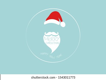 Santa Claus head label, hat, beard and mustache. Merry Christmas Santa Claus logo design, vector isolated on blue background 