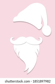 Etiqueta de cabeza de Santa Claus con sombrero, barba y gran diseño de corte de bigote. Feliz Navidad, diseño del logo con estilo de corte de papel blanco de Santa, vector aislado en fondo rosa suave