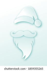 Santa Claus head label with hat, beard and big moustache cutting design. Merry Christmas, Santa white paper cut style logo design, vector isolated on soft blue color background