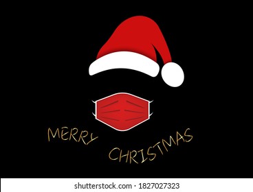 Santa Claus head label with surgical mask and red hat. Gold Merry Christmas, Santa Claus logo design for coronavirus protection, caution wear mask, vector isolated on black background