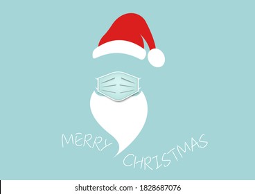 Santa Claus head label with surgical mask, hat, beard and mustache. Merry Christmas Santa Claus logo design coronavirus protection, vector isolated on blue background