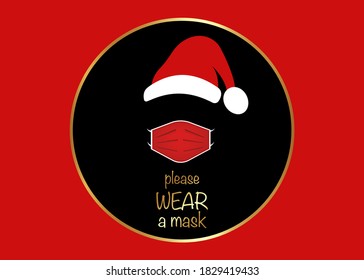 Santa Claus head label with surgical mask and red hat. Merry Christmas, Santa Claus black round logo design for coronavirus protection wear a mask, vector isolated on red background