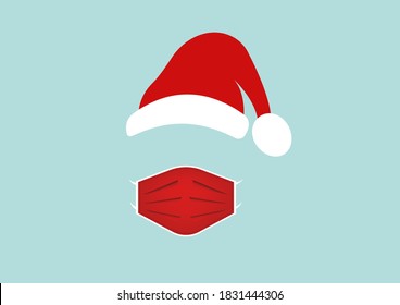 Santa Claus head label with surgical mask and red hat. Merry Christmas, Santa Claus logo design for coronavirus protection, vector isolated on blue background