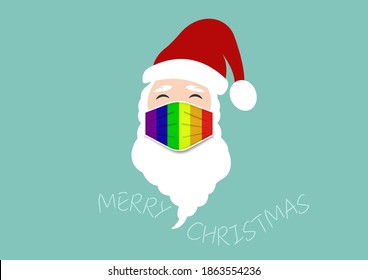 Santa Claus head label wear lgbt colorful surgical mask. Merry Christmas, Santa logo design coronavirus protection, covid-19, Christmas Pride rainbow mask concept, vector isolated on blue background