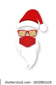 Santa Claus head label wears surgical mask, red hat and white beard with glitter sunglasses. Paper cut style. Merry Christmas Santa Claus logo design coronavirus protection, vector isolated on white 