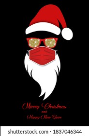 Santa Claus head label wears surgical mask, red hat and white beard with glitter sunglasses. Merry Christmas Santa Claus logo design coronavirus protection, vector isolated on black background