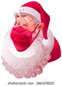 Santa claus head in medical mask protection from covid-19. Merry Christmas 2021 during the epidemic. Isolated on white vector cartoon illustration