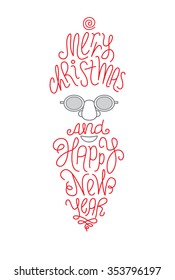 Santa Claus head. Merry Christmas and happy new year greeting card. Handmade lettering.