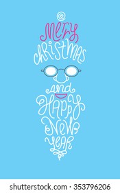 Santa Claus head. Merry Christmas and happy new year greeting card. Handmade lettering.