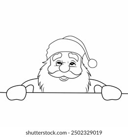 Santa Claus head outline line art doodle cartoon illustration. Winter Christmas theme coloring book page activity for kids and adults.