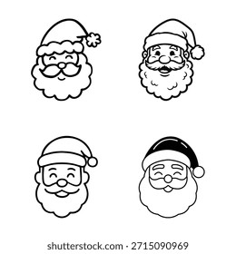 Weihnachtsmann Kopf Umriss Vektor Set. Schwarz-Weiß-Gesichtssymbole zum Färben. Cute Line Art Avatare für Cricut, Vinyl und Logo Design.