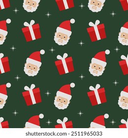 Santa Claus head and present seamless pattern on dark green background