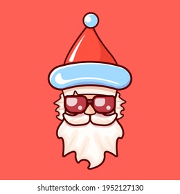 Santa Claus head with Santa red hat and hipster sunglasses isolated on red Christmas background. Santa label or sticker design 