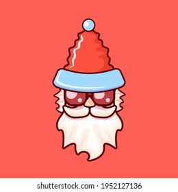 Santa Claus head with Santa red hat and hipster sunglasses isolated on red Christmas background. Santa label or sticker design 