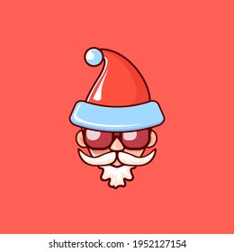 Santa Claus head with Santa red hat and hipster sunglasses isolated on red Christmas background. Santa label or sticker design 