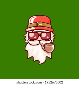 Santa Claus head with Santa red hat, smoking pipe and red hipster sunglasses isolated on green Christmas background. Santa label or sticker design