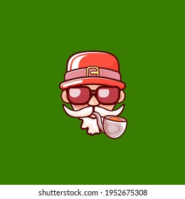 Santa Claus head with Santa red hat, smoking pipe and red hipster sunglasses isolated on green Christmas background. Santa label or sticker design