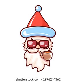 Santa Claus head with Santa red hat, smoking pipe and red hipster sunglasses isolated on white Christmas background. Funky Secret Santa label or sticker design template