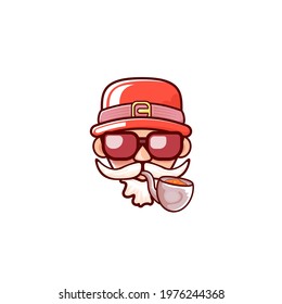 Santa Claus head with Santa red hat, smoking pipe and red hipster sunglasses isolated on white Christmas background. Funky Secret Santa label or sticker design template