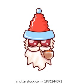 Santa Claus head with Santa red hat, smoking pipe and red hipster sunglasses isolated on white Christmas background. Funky Secret Santa label or sticker design template